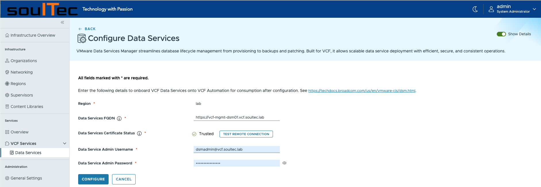 VCFA DSM connection details