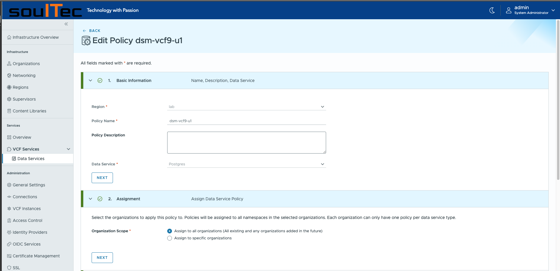 VCFA DSM policy creation